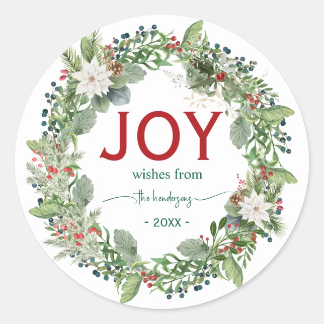 Christmas Joy Wreath Name Handwritten Script Red Classic Round Sticker (Front)
