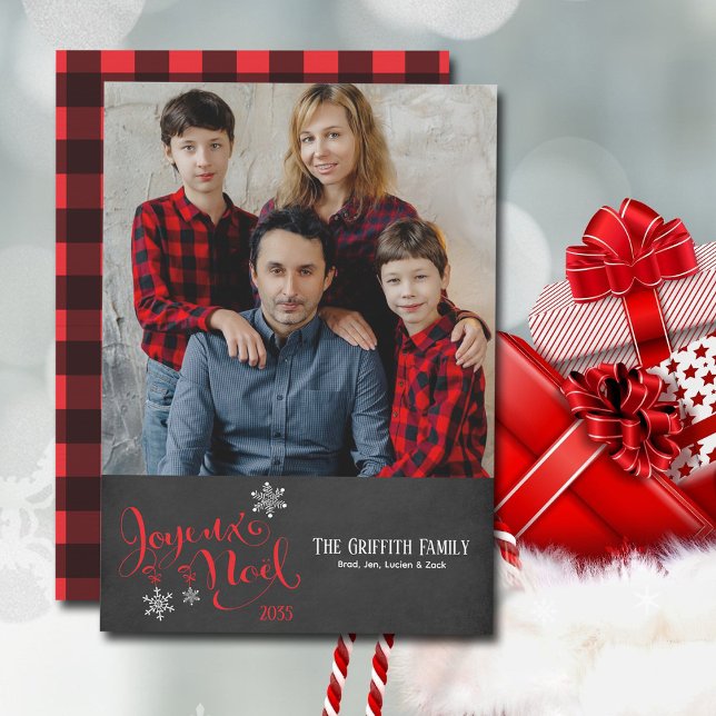 Christmas Joyeux Noel Snowflakes Buffalo Plaid Holiday Card (Joyeux Noel one-photo Christmas card with buffalo plaid back.)