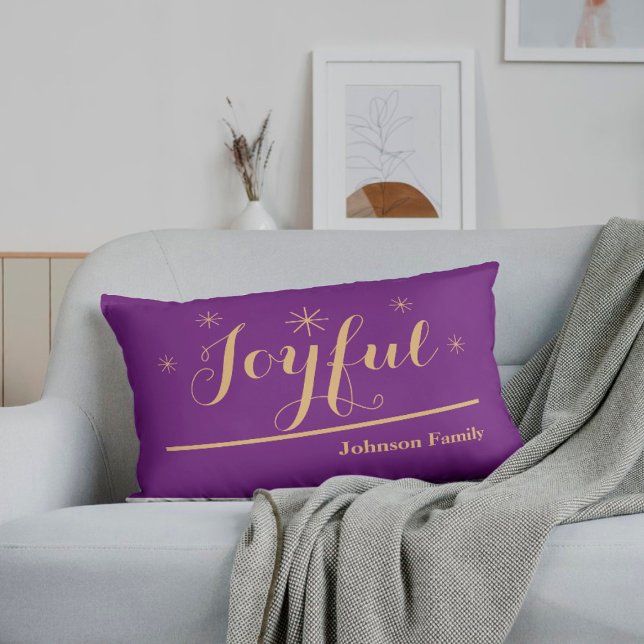 Christmas Joyful Elegant Personalised Family Name  Lumbar Cushion (These Joyful purple & gold lumbar pillows are sure to get everyone in a holidays mood.)