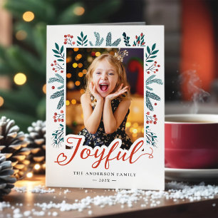 Christmas Joyful Script Holly Berries Photo Holiday Card