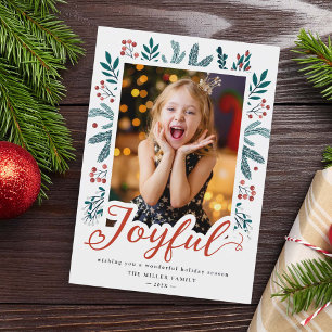 Christmas Joyful Script Holly Berries Photo Holiday Card