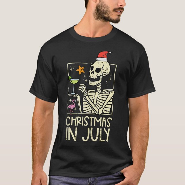 Christmas July Skeleton Flamingo Funny Summer Xmas T-Shirt (Front)