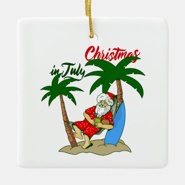 christmas july tropical santa claus ceramic ornament (Front)