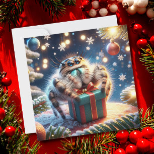 Christmas Jumping Spider Holding Gift Holiday Card