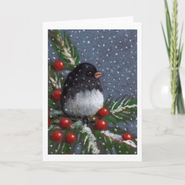 Christmas Junco Bird, Colour Pencil: Berries, Snow Holiday Card (Front)