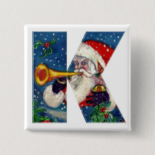 CHRISTMAS K LETTER / SANTA BUGLER MONOGRAM 15 CM SQUARE BADGE