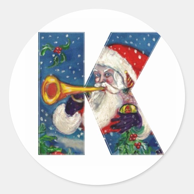 CHRISTMAS K LETTER / SANTA CLAUS BUGLER CLASSIC ROUND STICKER (Front)