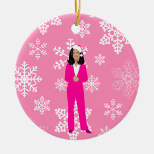 christmas kamala harris santa icy pink ceramic ornament