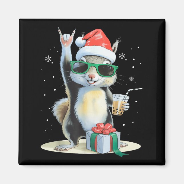 Christmas Kawaii Squirrel Bubble Tea Boba Squirrel Magnet (Front)