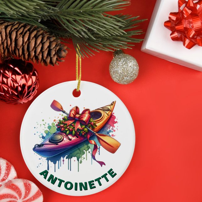 Christmas Kayak Custom Name Ceramic Ornament (Creator Uploaded)