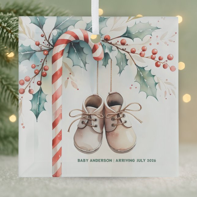 Christmas Keepsake Pregnancy Announcement Glass Tree Decoration (“Baby Coming Soon” Ornament — Watercolor Holly, Candy Cane & Baby Shoes)