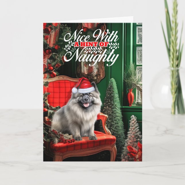 Christmas Keeshond Dog Naughty or Nice Holiday Card (Front)