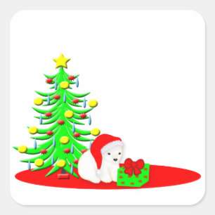 Christmas Kids Baby Polar Bear in Santa Hat Square Sticker