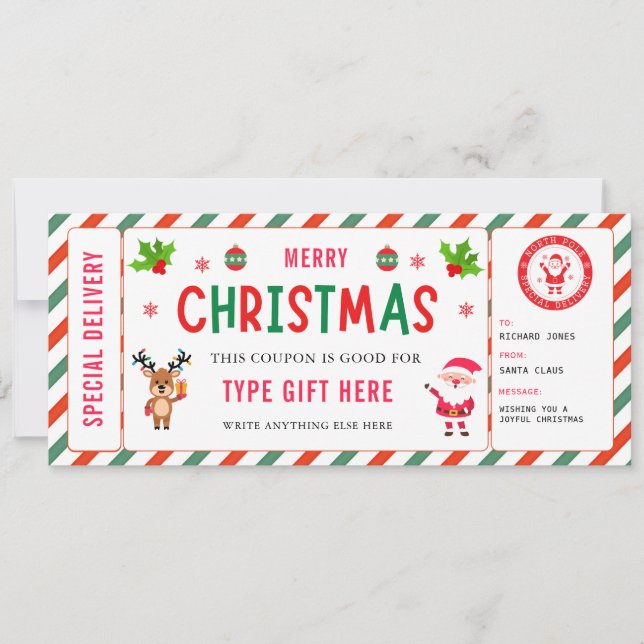 Christmas Kids Coupon Certificate Rudolph Santa Invitation (Front)