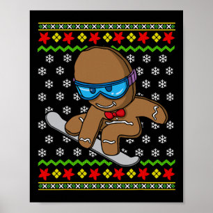 Christmas Kids Gingerbread Man Snowboarding Snowbo Poster