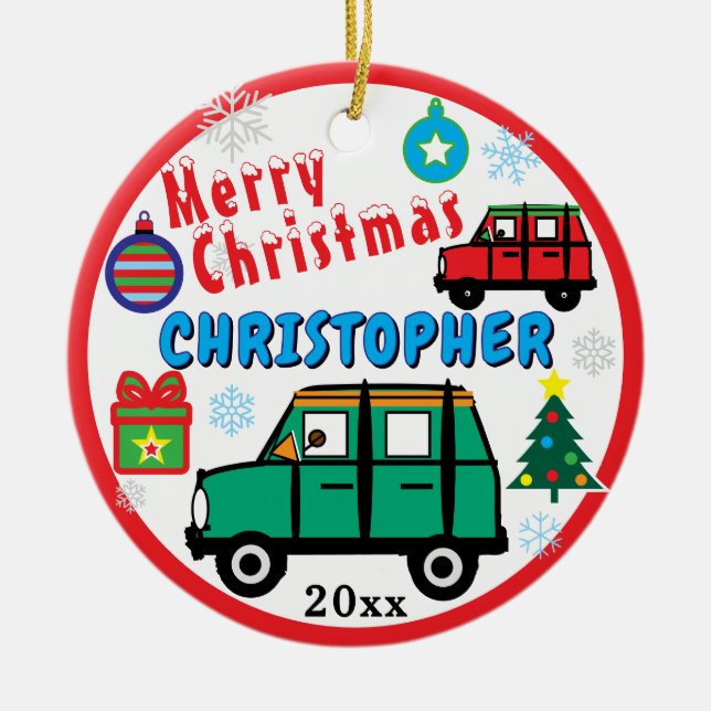 Christmas Kids PHOTO Name Green Red Cars Ceramic Ornament (Front)