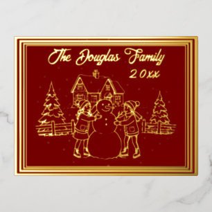 Christmas Kids Skating Scene in Gold with Red Foil Holiday Postcard