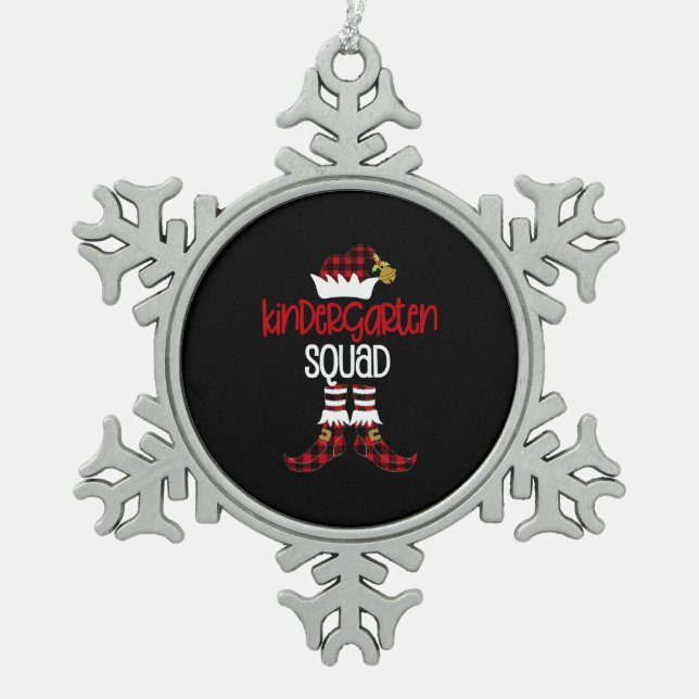 Christmas Kindergarten Squad Elf Teacher Student B Snowflake Pewter Christmas Ornament (Front)