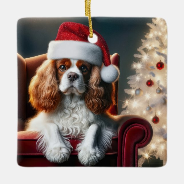 Christmas King Charles On a Red Velvet Chair Ceramic Ornament (Front)