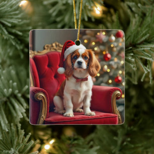Christmas King Charles Spaniel On a Red Chair Ceramic Ornament