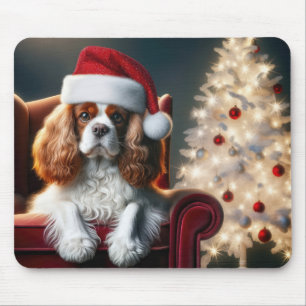 Christmas King Charles Spaniel On a Red Chair Mouse Pad