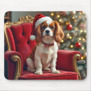 Christmas King Charles Spaniel On a Red Chair Mouse Pad
