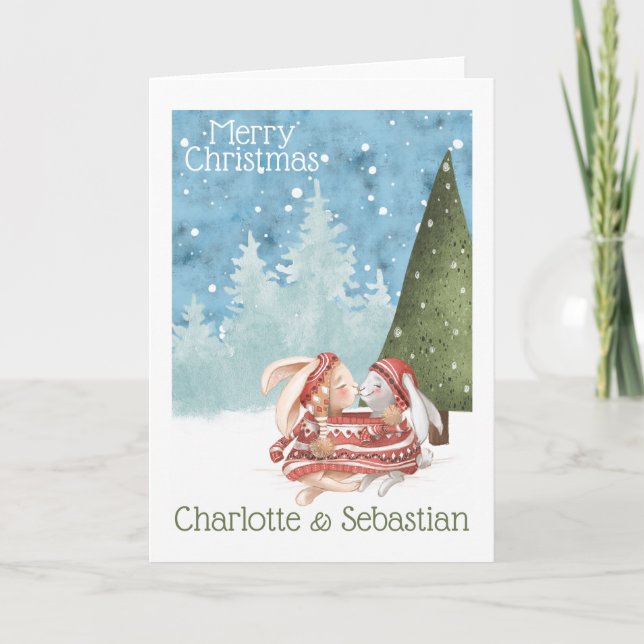 Christmas Kissing Bunny Rabbits In Winter Sweater Card (Front)