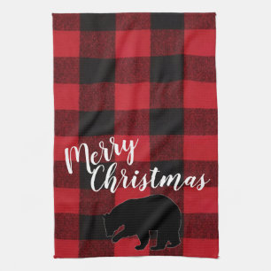 Christmas Kitchen Towel Red Plaid Black Bear