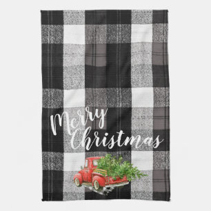 Christmas Kitchen Towel Red XMAS Truck Plaid