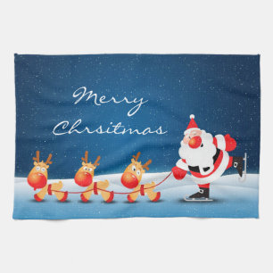 Christmas Kitchen Towel/Santa and Reindeer Tea Towel