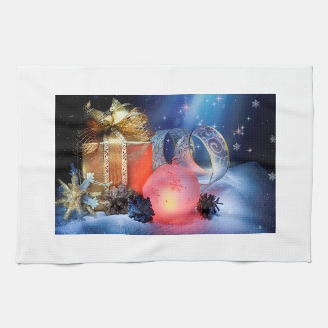 Christmas kitchen towel with presents & ornaments. (Horizontal)