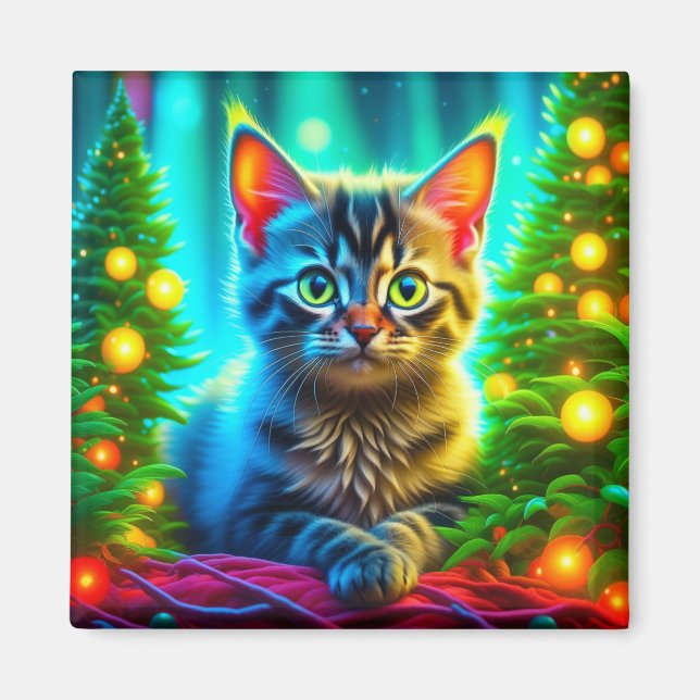 Christmas Kitten and Christmas Trees Magnet (Front)