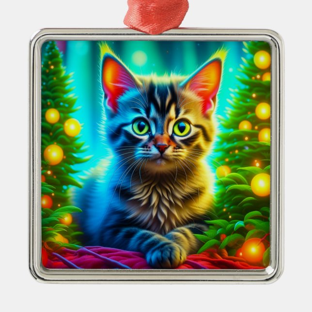 Christmas Kitten and Christmas Trees Metal Ornament (Front)