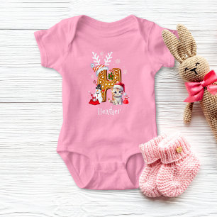 Christmas Kitten Gingerbread Name Letter H Girl Baby Bodysuit