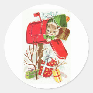 Christmas Kitten in a Red Mailbox Design Classic Round Sticker