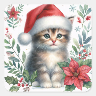 Christmas Kitten In Santa Hat Square Sticker