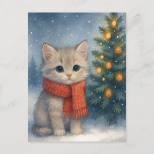 Christmas Kitten Postcard Cute Cat in Red Scarf 