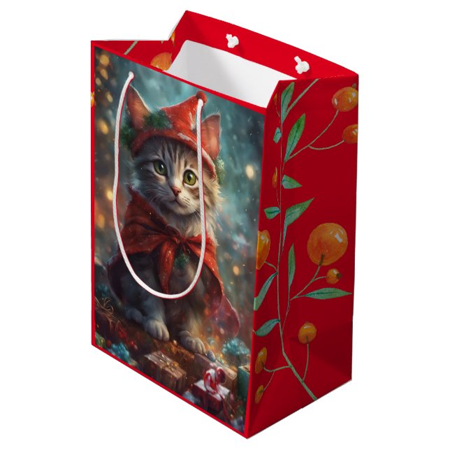 Christmas Kitten Red Small Gift Bag (Back Angled)