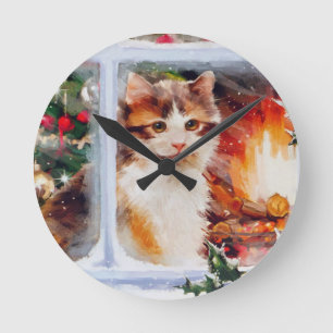 Christmas Kitten Round Clock