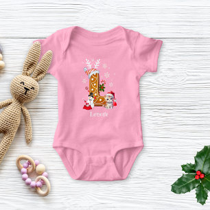 Christmas Kitten Santa Gingerbread Letter L Girl Baby Bodysuit