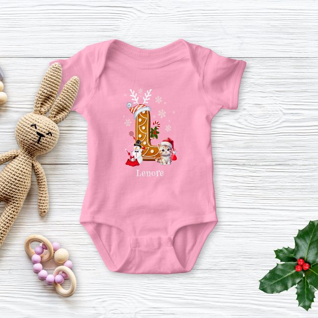 Christmas Kitten Santa Gingerbread Letter L Girl Baby Bodysuit (Creator Uploaded)