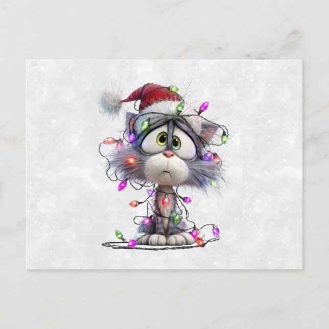 Christmas Kitten tangled in Lights Postcard (Front)
