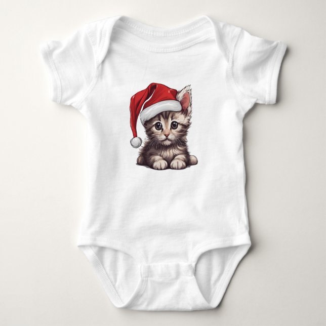 Christmas Kitten w Santa Hat, Holiday Kitty Cat  Baby Bodysuit (Front)