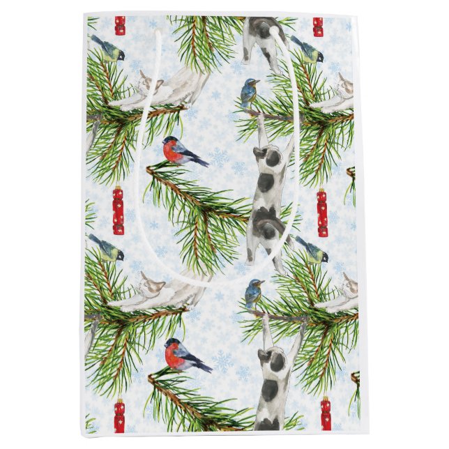 Christmas Kitten with Birds Medium Gift Bag (Front)