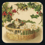 Christmas Kittens and Holly Sticker<br><div class="desc">Adorable kittens sleeping in a basket with boughs of holly make this sweet vintage animal themed Christmas coaster.</div>