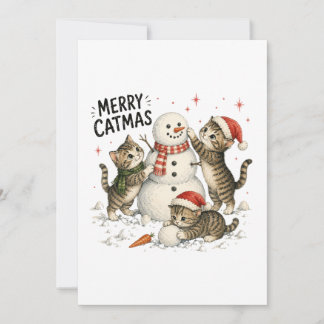 Christmas Kittens Building Snowman Holiday Card