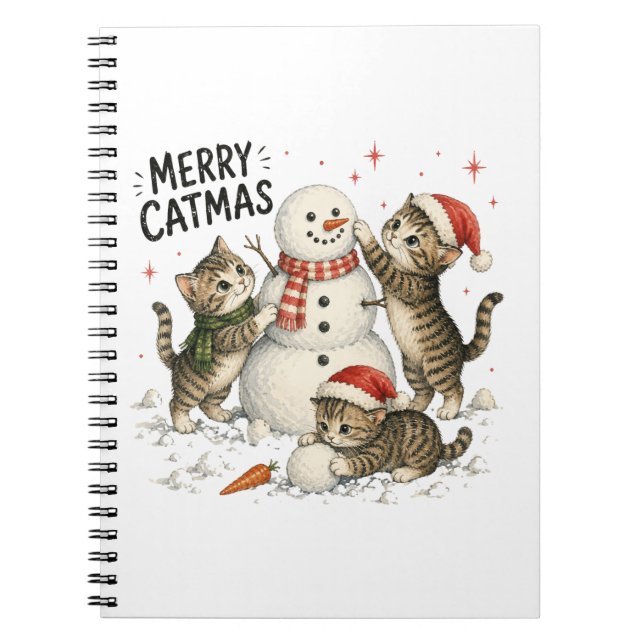 Christmas Kittens Building Snowman Notebook (Front)