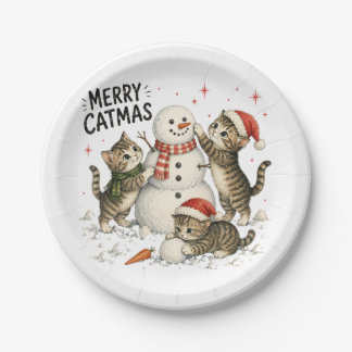 Christmas Kittens Building Snowman Paper Plate