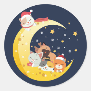 Christmas Kittens Cats Moon Space Winter Stars Classic Round Sticker