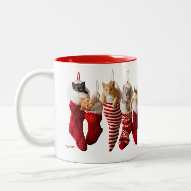 Christmas Kittens in Stockings Two-Tone Coffee Mug (Left)